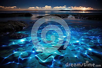 blue shining water in the sea bioluminescence AI generated Stock Photo