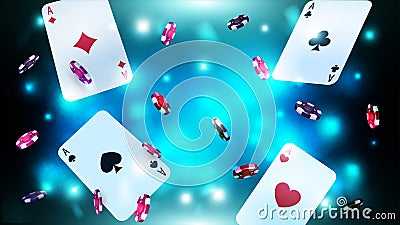Blue shiny blurred background with flying playing cards and poker chips Vector Illustration
