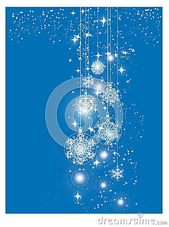 Blue shiny Happy New Year and Merry Christmas card with Christmas balls. Greeting card or festive poster template. Vector Illustration