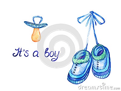 Blue shoes hanging on lace and pacifier near, isolated with inscription it`s a boy Cartoon Illustration