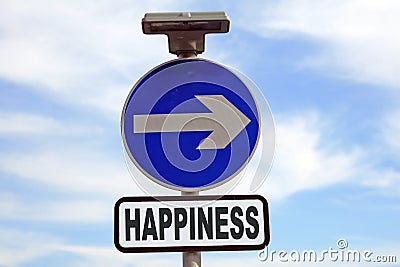 Blue sign points the way to happiness Stock Photo