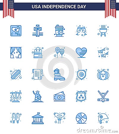 25 Blue Signs for USA Independence Day entertainment; bbq; drink; barbecue; wine Vector Illustration