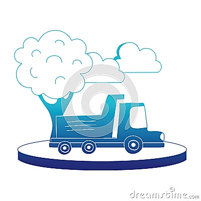 Blue silhouette dump truck in the city with clouds and tree Vector Illustration