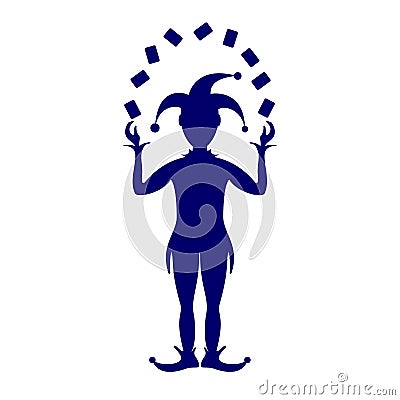 Blue silhouette of Joker playing with cards Vector Illustration