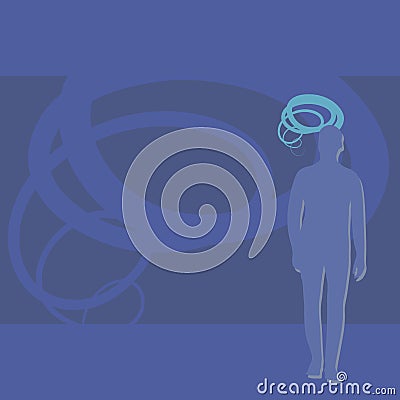 Blue silhouette of a man with a gray shadow on the right with a spiral of head on a background of doubled spiral meditations vecto Vector Illustration