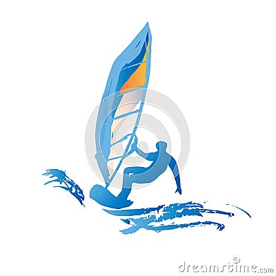 Blue silhouette of windsurfing man Vector Illustration