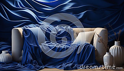 Blue silk curtain adds elegance to modern bedroom decor generated by AI Stock Photo