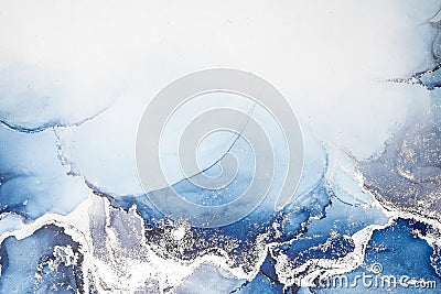 Blue silver abstract background of marble liquid ink art painting on paper . Stock Photo