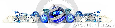 Blue and silver Christmas ornament border over white Stock Photo
