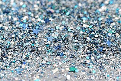 Blue and Silver Frozen Snow Winter Sparkling Stars Glitter background. Holiday, Christmas, New Year abstract texture Stock Photo