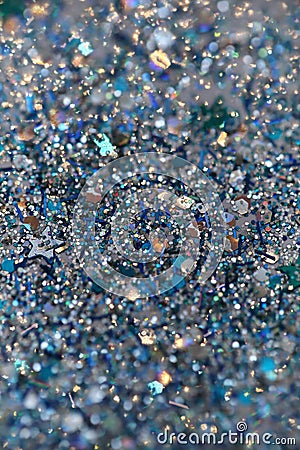 Blue and Silver Frozen Snow Winter Sparkling Stars Glitter background. Holiday, Christmas, New Year abstract texture Stock Photo