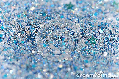 Blue and Silver Frozen Snow Winter Sparkling Stars Glitter background. Holiday, Christmas, New Year abstract texture Stock Photo