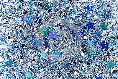 Blue and Silver Frozen Snow Winter Sparkling Stars Glitter background. Holiday, Christmas, New Year abstract texture Stock Photo