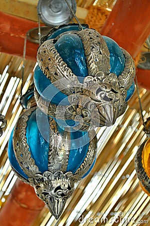 Blue and silver hanging glass lanterns in detail Stock Photo