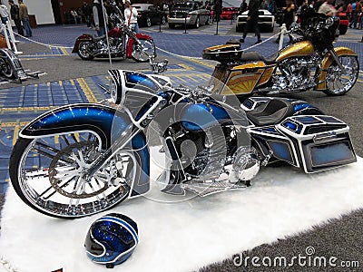 Blue and Silver Motorcycle at the Auto Show Editorial Stock Photo