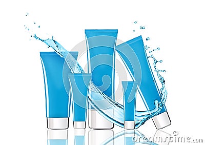 Blue skin care cream containers with water splash Stock Photo