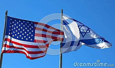 blue sky with American flag and the Israeli flag Stock Photo