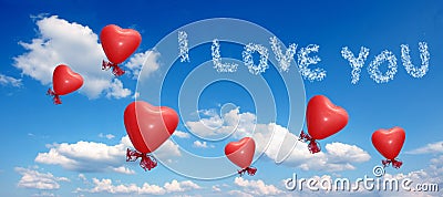 Blue sky with balloon hearts and love you message Stock Photo