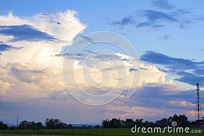 Blue sky and beautiful cloud with meadow tree. Stock Photo