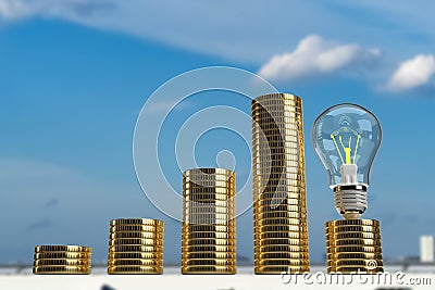 Blue sky capital city urban coin golden lightbulb lamp fluorescent power electrical glass technology digital wealth rich money Stock Photo