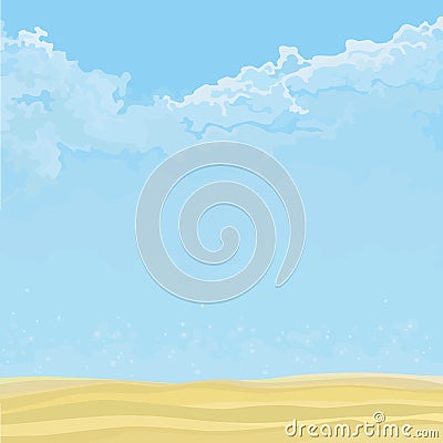 Blue sky cartoon background with clouds and sandy ground Vector Illustration