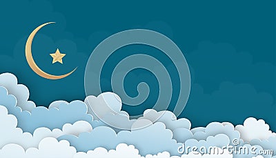 Blue Sky with cloud and Crescent moon and star, Vector illustration Cloudscape layers 3D paper cut ,Nature background banner for Cartoon Illustration