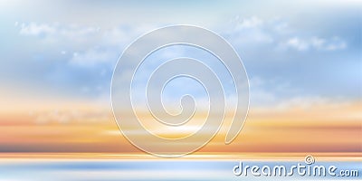 Blue sky with cloud by the sea,Vector Cartoon sky with orang, yellow, pink sky with sunrise.Concept all seasonal horizon banner Stock Photo
