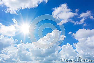 blue sky with clouds and sun reflection.The sun shines bright in Stock Photo