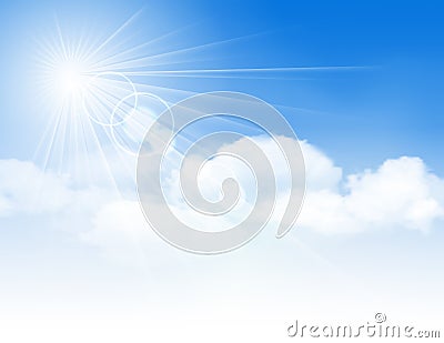 Blue sky with clouds and sun. Vector Illustration