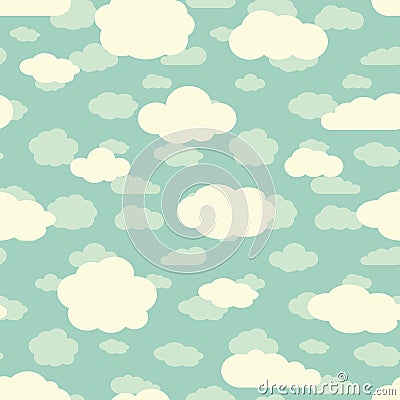 Blue sky and cute white clouds seamless pattern in retro colors Vector Illustration