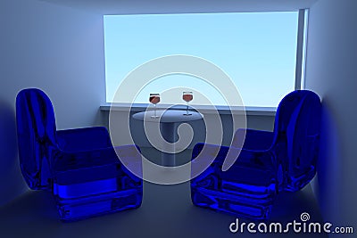 Blue sky and 3D rendering of wine glasses, a table and blue seating Stock Photo