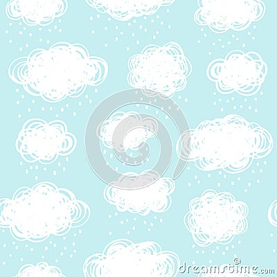 Blue sky with doodle style clouds and snow, rain drops Vector Illustration