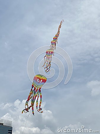 Blue Sky Fresh Air Outdoor Flying Long Kite Train Colorful Octopus Editorial Stock Photo