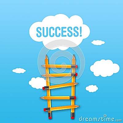 Blue sky with a ladder made of pencils and the word Success Stock Photo