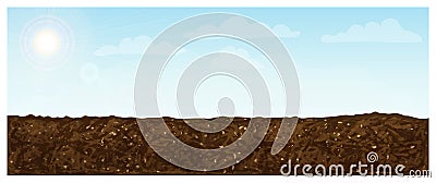 Blue sky and land background. horizontal sky and ground landscape. vector panoramic illustration of fertile brown plowed field. Cartoon Illustration
