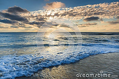 Blue Sky Morning Clouds Ocean Waves Outer Banks NC Stock Photo