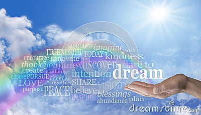 Blue sky and rainbow Dare to Dream word cloud Stock Photo