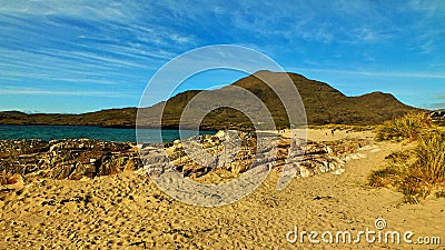 Blue sky`s, sand and mountains Stock Photo