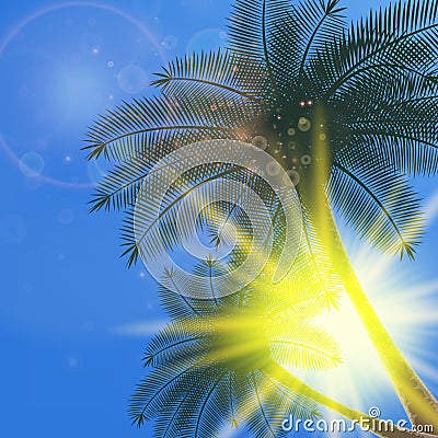 Blue sky with summer sun burst background. Vector Illustration