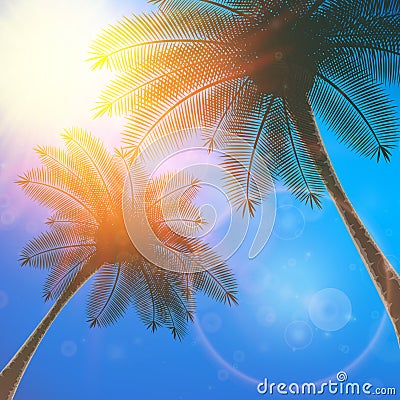 Blue sky with summer sun burst background. Vector Illustration