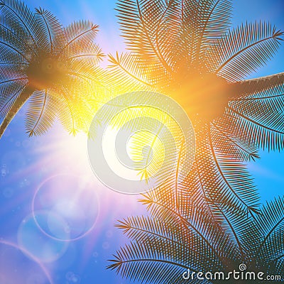 Blue sky with summer sun burst background. Vector Illustration