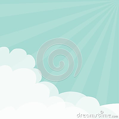 Blue sky. Sun light rays burst. Sunshine Fluffy Cloud in corners frame template. Cloudshape. Cloudy weather. Flat design. Backgrou Vector Illustration