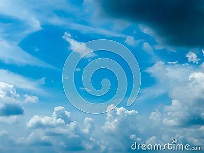 Blue sky with tiny floating clouds closeup. The moody Blues natural sky composition. Beauty in nature. Travel tourism and Stock Photo