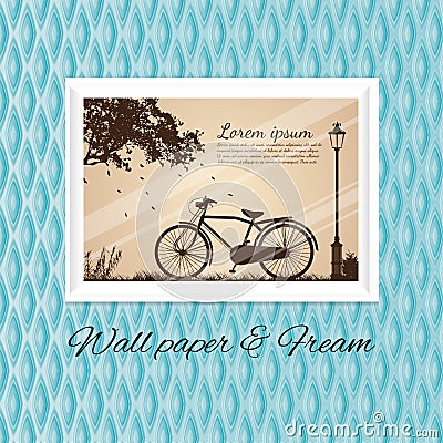 Blue sky wallpaper and in Antique Bicycle picture white frame Vector Illustration