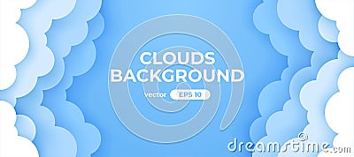 Blue sky with white clouds background. Border of clouds. Paper cut. Simple cartoon design. Banner, poster, flyer template. Flat Vector Illustration