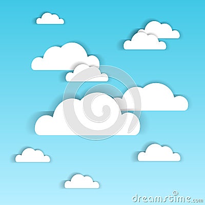 Blue Sky With White Paper Clouds Summer Cloudscape Background Vector Illustration