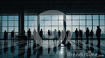 Blue skyline gathering, Silhouette business people meet in seminar conference Stock Photo