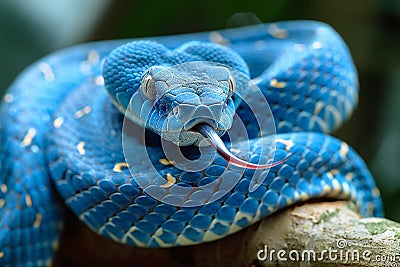 A blue snake slithering on the branch, its body wrapped around its own tail as if trying to capture something with its tongue Cartoon Illustration