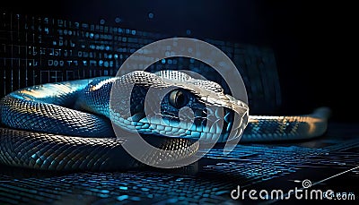 A blue snake slithers upon a digital circuit with floating matrix code Stock Photo