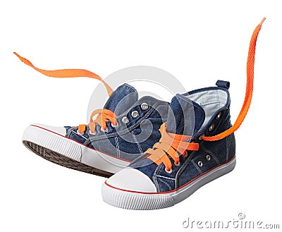 Blue sneaker with orange laces isolated Stock Photo